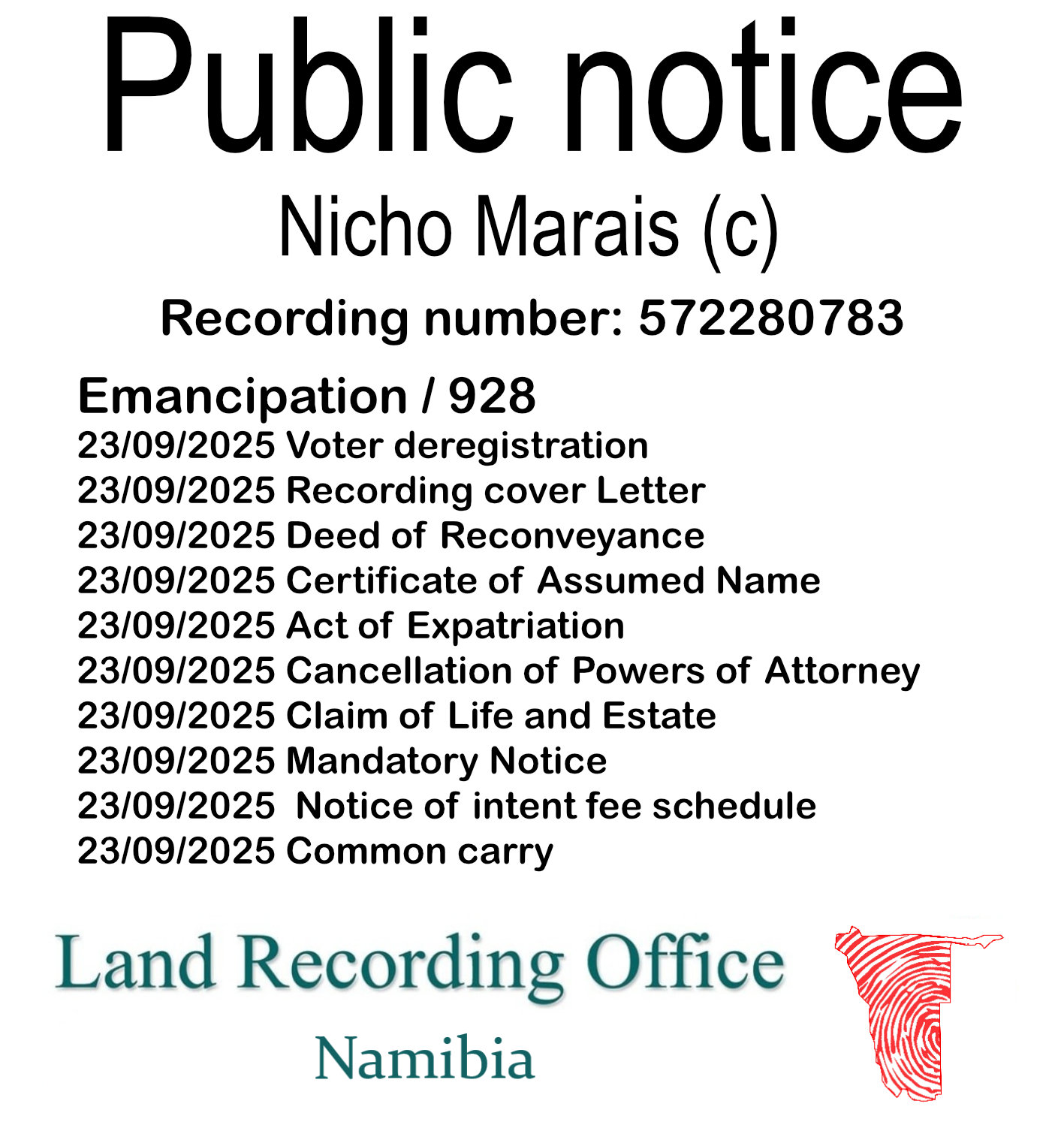 Public notice Nicho Marais Recording number 572280783